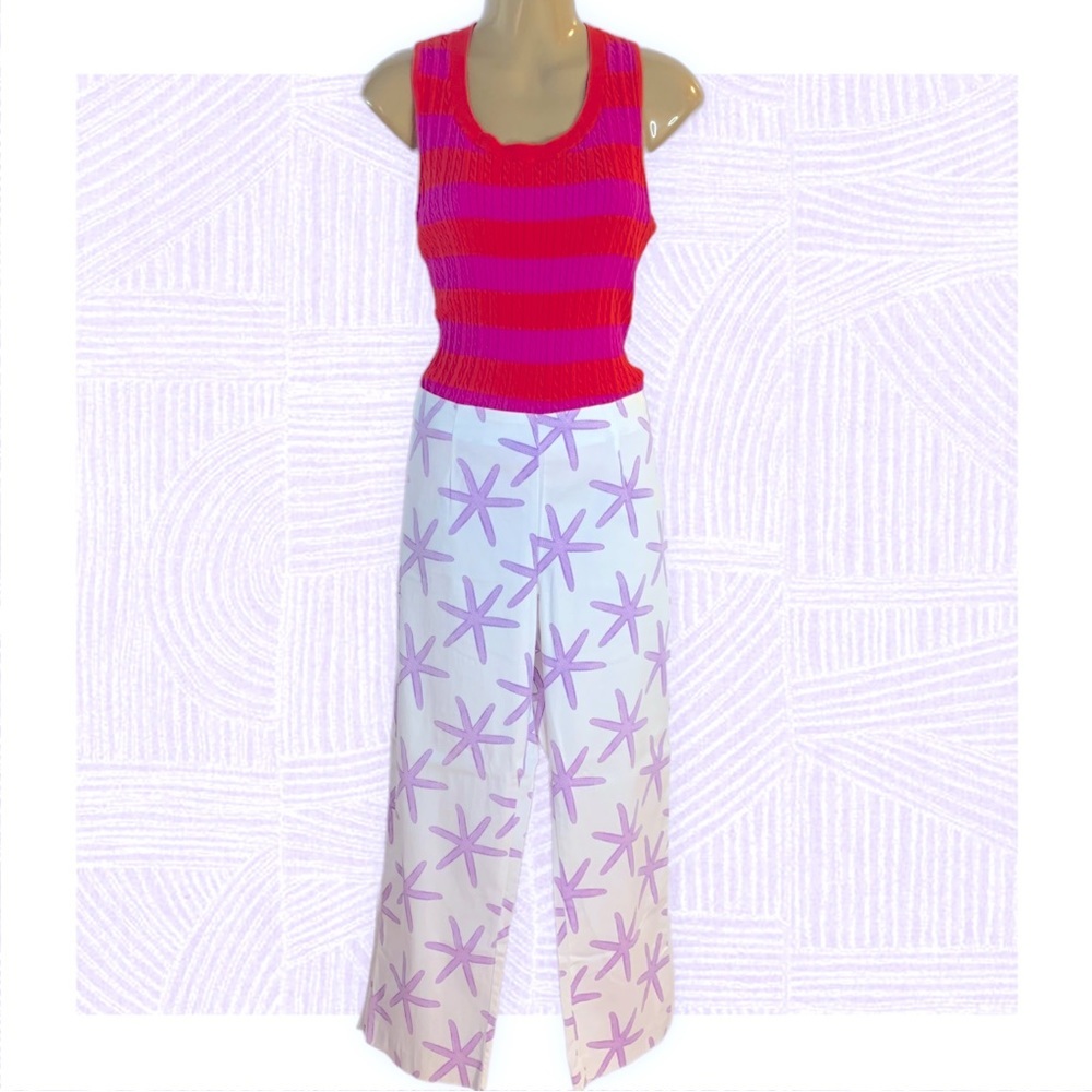 Vtg Wide leg white cotton cropped pants with purple starfish preppy beachy M